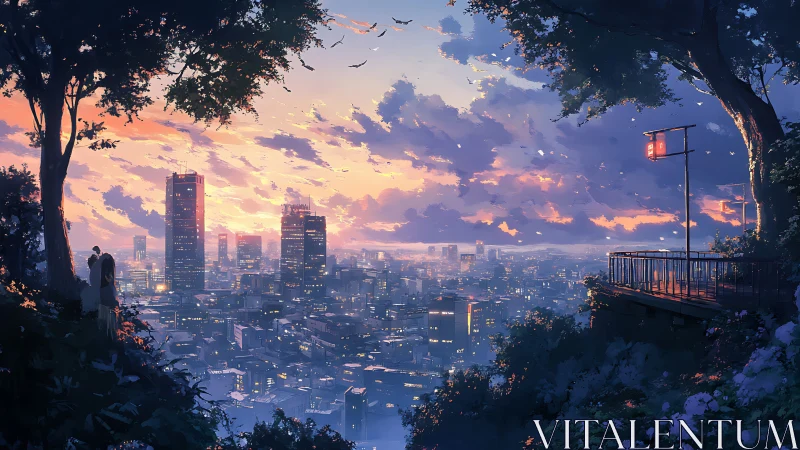 Two figures observe a high rise city at dusk from a hill