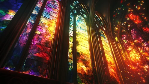 Vibrant stained glass windows in tall gothic cathedral wall.