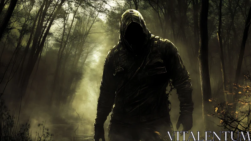 Hooded wraith strides through toxic mist in haunted forest.