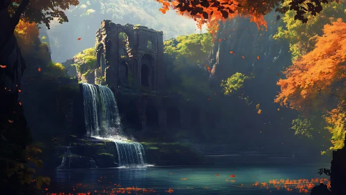 Ruined temple above cascades in autumn forest light.