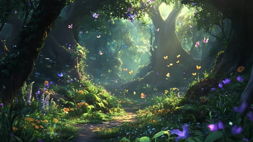 Enchanted Forest Path with Butterflies.