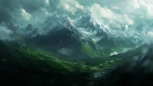 Glacial alpine range above misted valley with luminous rivers