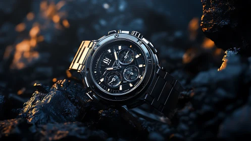 Luminous steel chronograph blazing amid molten shadowed rock.