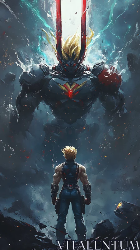 Heroic warrior faces towering armored spirit guide.