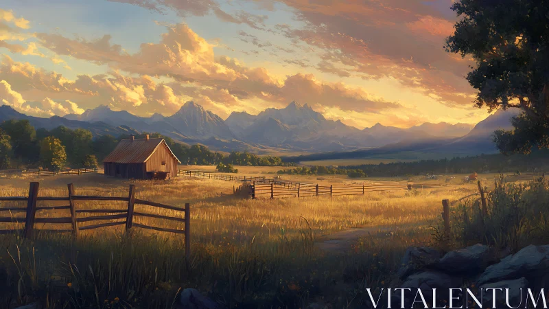 Rural farmhouse stands before distant mountain range at sunset
