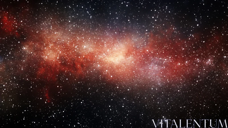 Red starfield nebula spans dense galactic core in space.