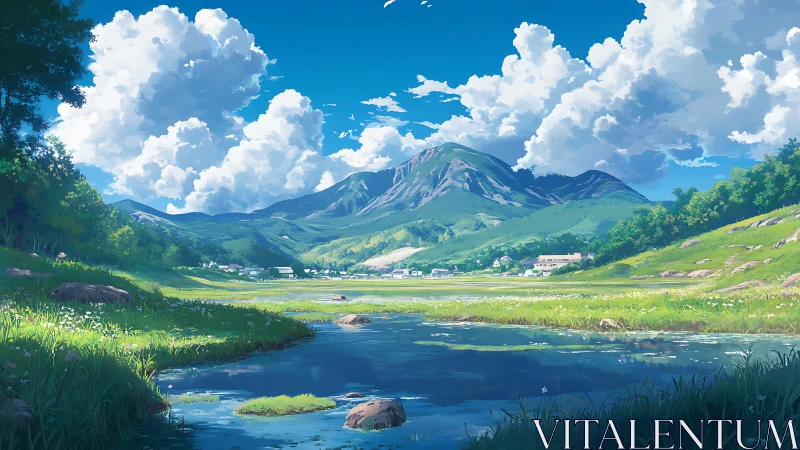 Bright rural valley landscape under wide summer sky.