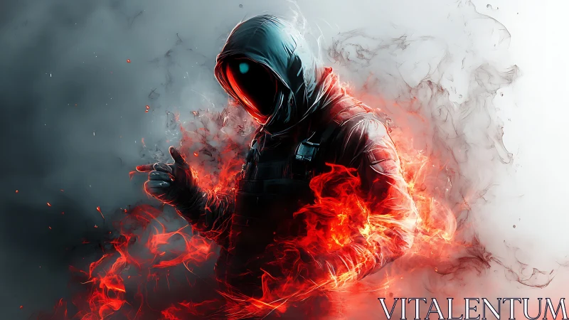 Hooded embercaster walks through smoke and digital wildfire.