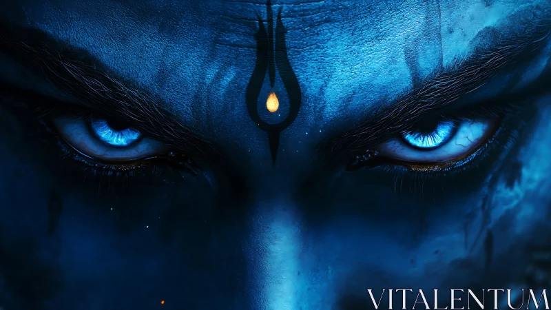 Intense blue face close-up with glowing irises and central forehead symbol