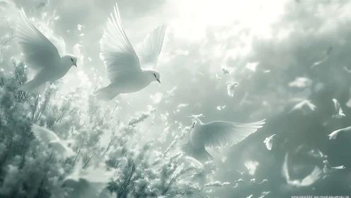 White doves in soft light over misty flowering meadow.
