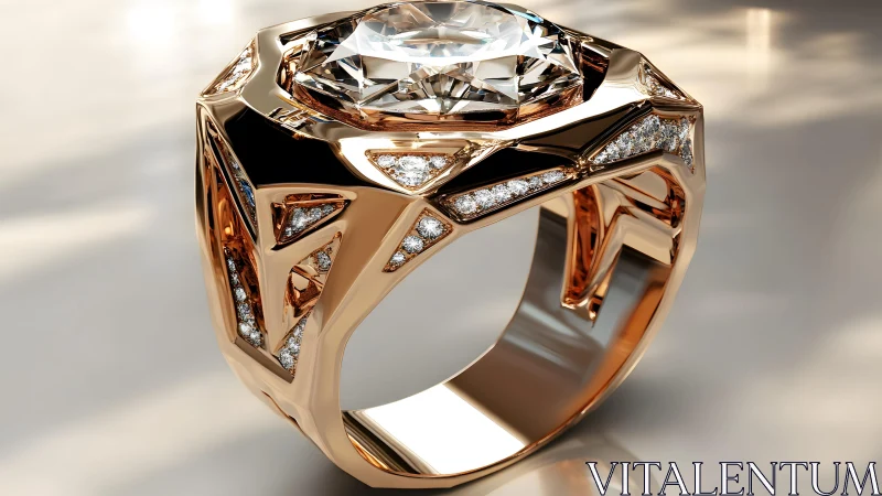 Luxurious geometric gold ring with large diamond, modern design.