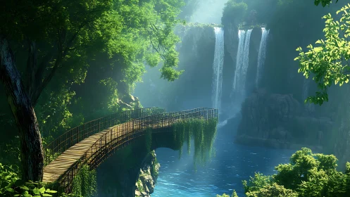 Curved wooden bridge spans river before multi-tiered waterfalls