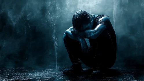 Solitary figure crouching in rain under cold blue light.