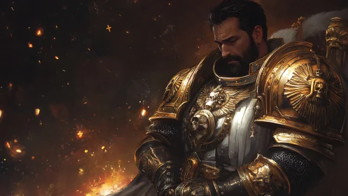 Armored warrior in ornate gold power armor amid embers.