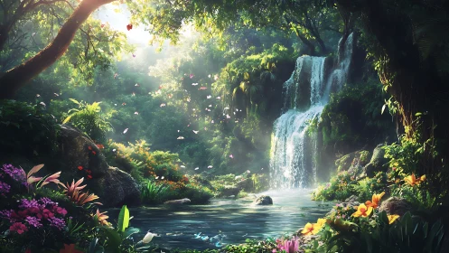 Lush forest waterfall with flowering plants and pond scene.
