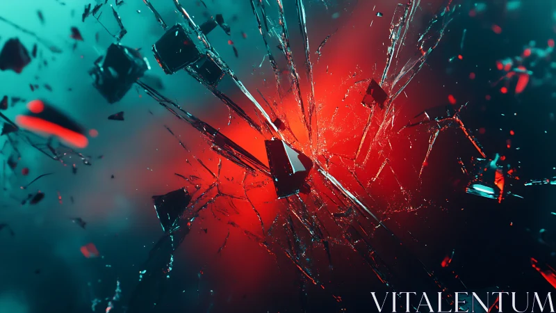 Shattered glass explosion over vivid cyan red light core.