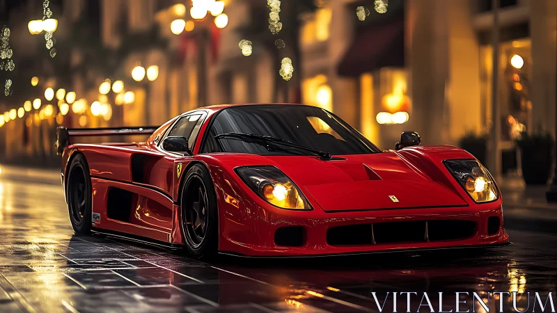 Red supercar on wet city street under glowing night lights.