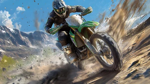 Mountain dirt rider slinging thunderous gravel confetti.