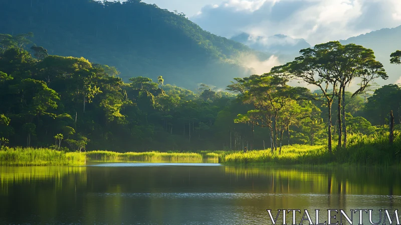 Gentle sunrise over tranquil rainforest lake and soft mist.