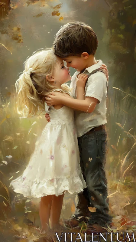 Two Children in Tender Moment Among Fall Leaves