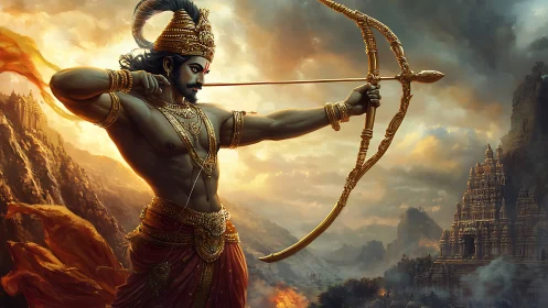 Mythic archer draws gilded bow against storm-lit temple skyline