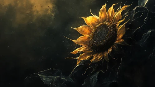Golden sunflower glows against deep shadowed background.
