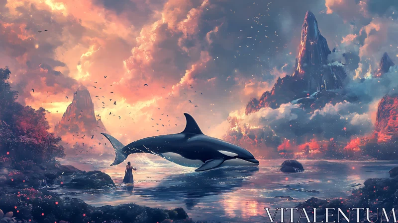 Orca glides through ethereal bay under flaming twilight sky