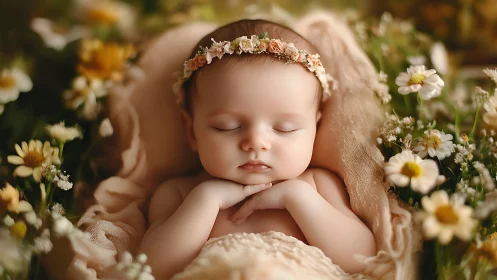 Sleeping Infant in Floral Environment with Decorative Headpiece.