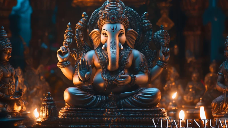 Bronze Ganesha idol is illuminated by multiple warm lamps
