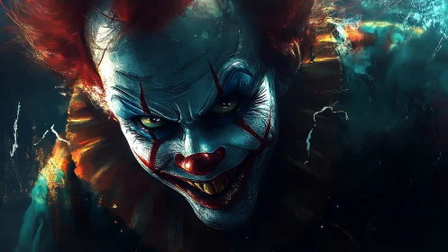 Nightmare carnival jester grins through swirling shadows.