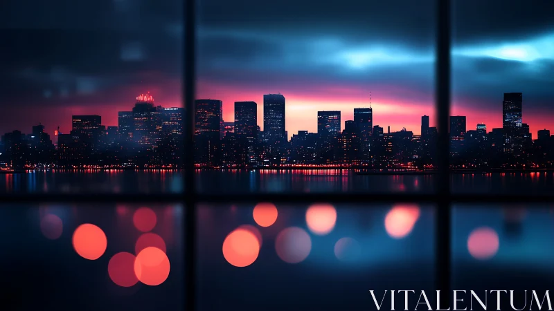 Neon city skyline glows over harbor through blurred window