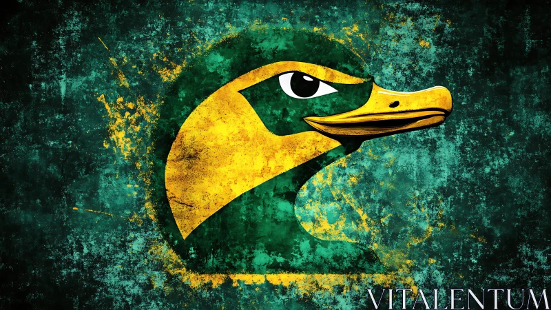 Duck emblem stares through emerald grit and golden static