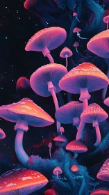 Neon moonlit mushrooms staging a cosmic forest glowshow.