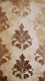 Aged damask wall surface with stenciled floral motifs in sepia tones