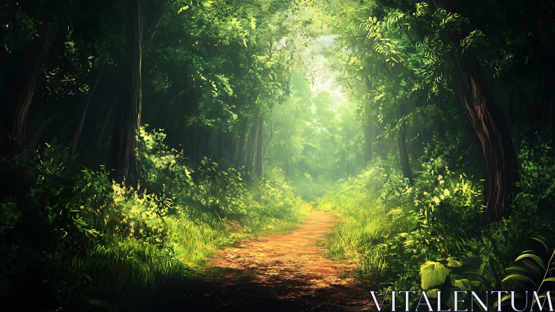 Forest path with canopy light filtering through dense vegetation.