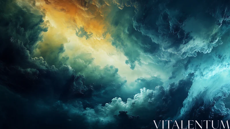 Storm-torn clouds swirl around radiant golden light above.