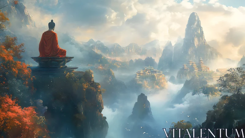 Silent monk surveys cloud-wrapped temples in twilight air