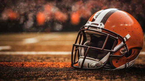 Gridiron helmet on turf with cinematic shallow depth of field.