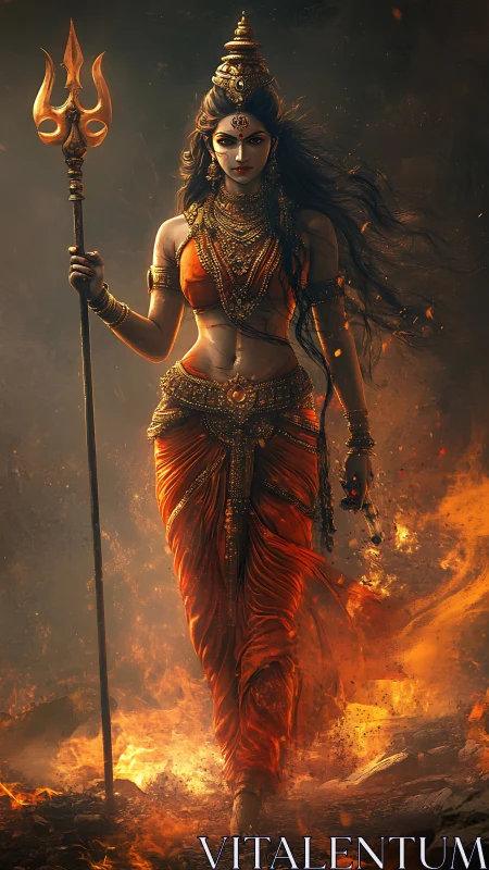 Fiery warrior goddess figure in ornate orange attire walking.