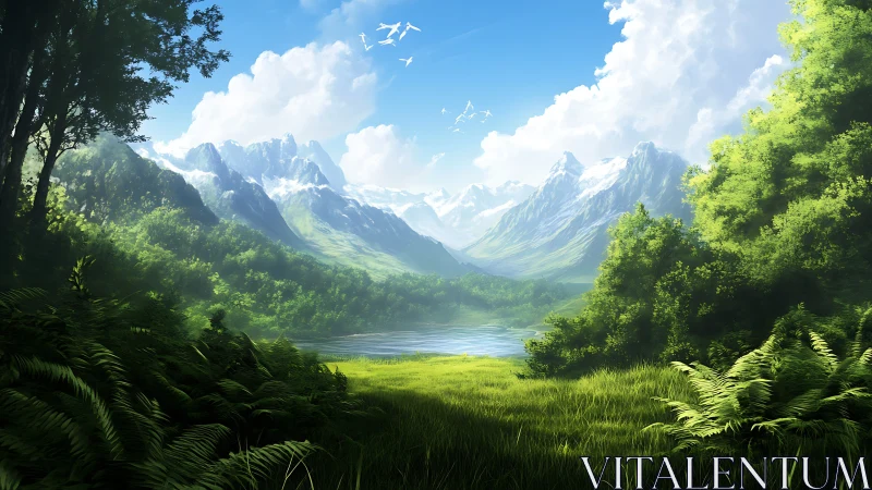 Mountain valley lake framed by lush forest and bright sky