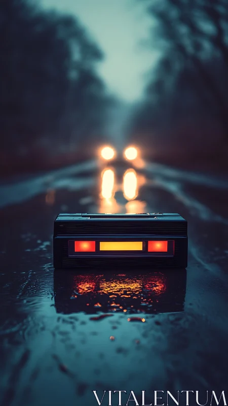 Retro roadside device on rain-slick highway at dusk.
