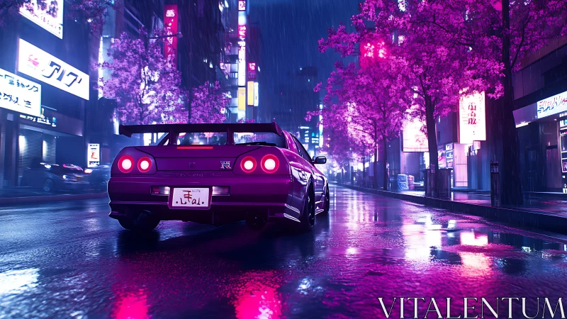 Neon night drive with a sleek car under glowing cherry trees.