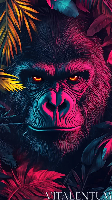 Neon jungle gorilla watching quietly through glowing leaves.