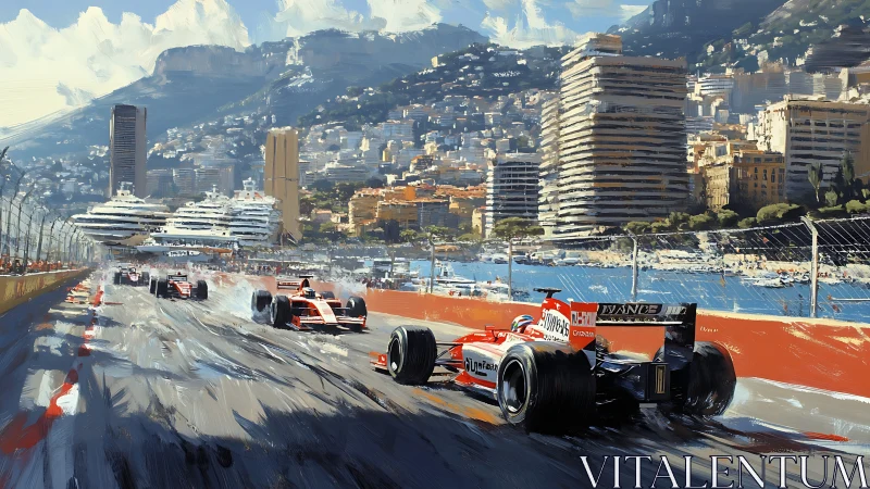 Impressionistic Formula race cars accelerate along coastal street circuit