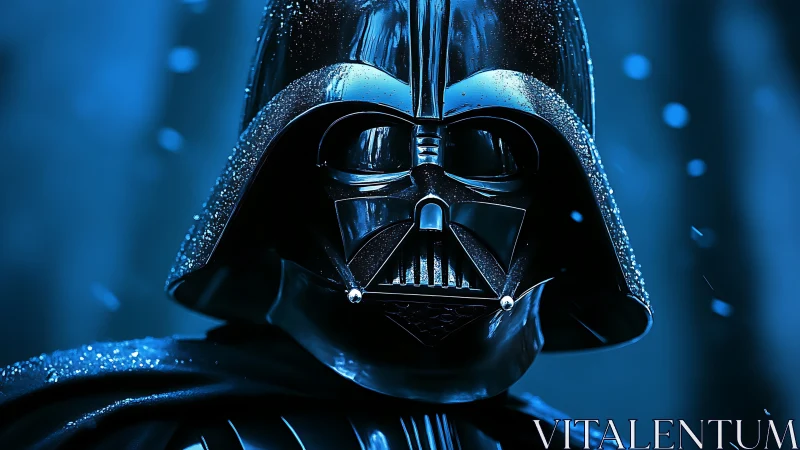 Black armored sci-fi character in blue atmospheric light.