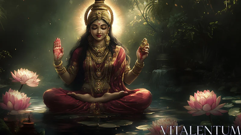 Goddess in lotus pond radiates serene golden illumination.