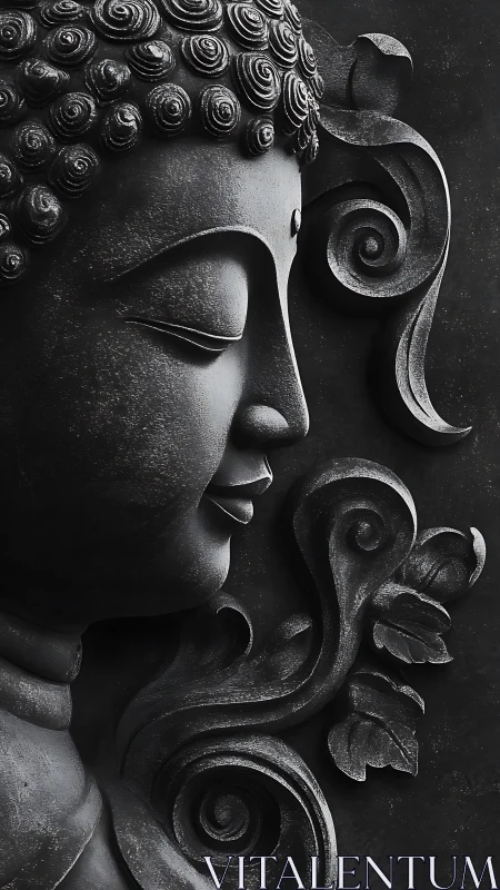 Midnight stone Buddha in swirling carved silence and grace.