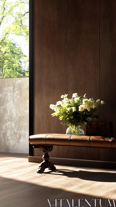 Sunlit leather bench and bright blooms in serene entryway.