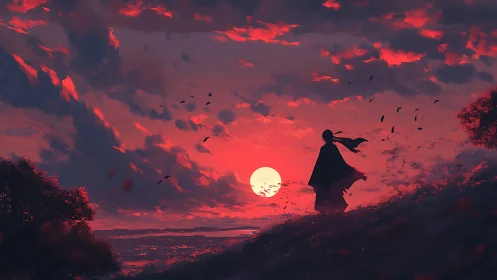 Lone wanderer watches a crimson sun sink beneath storm clouds.