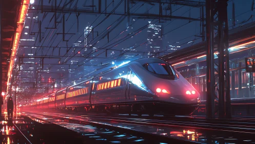 Futuristic bullet train at neon urban station by night.